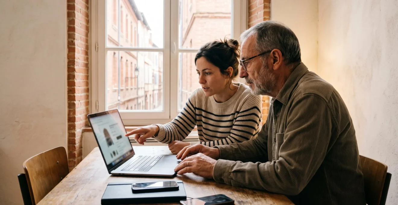 Un consultant web et un commerçant analysent ensemble un site e-commerce sur un ordinateur portable au bureau.