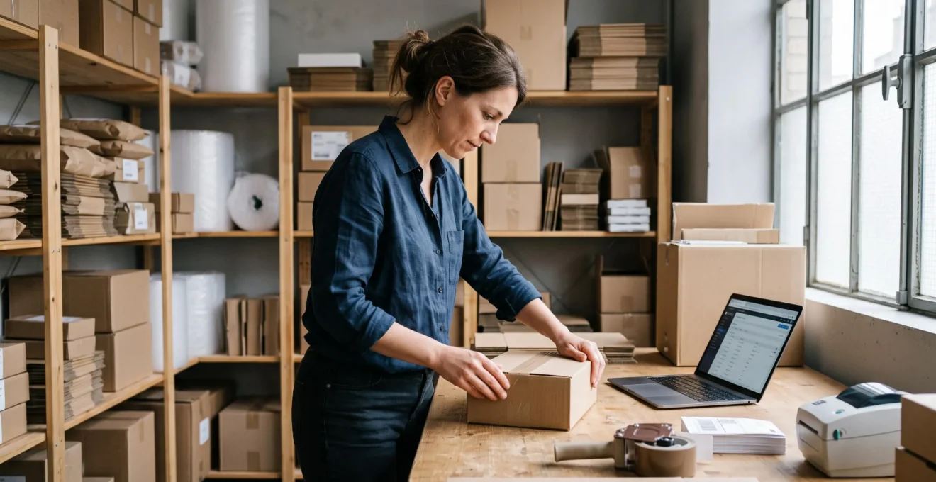 Une e-commerçante prépare une commande dans sa réserve tout en consultant son ordinateur portable.