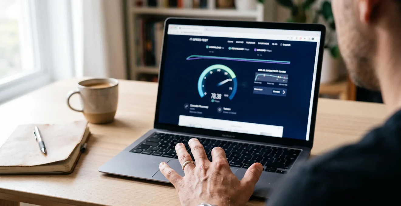 Un test de vitesse de site e-commerce affiche un score de performance sur l'écran d'un ordinateur portable.